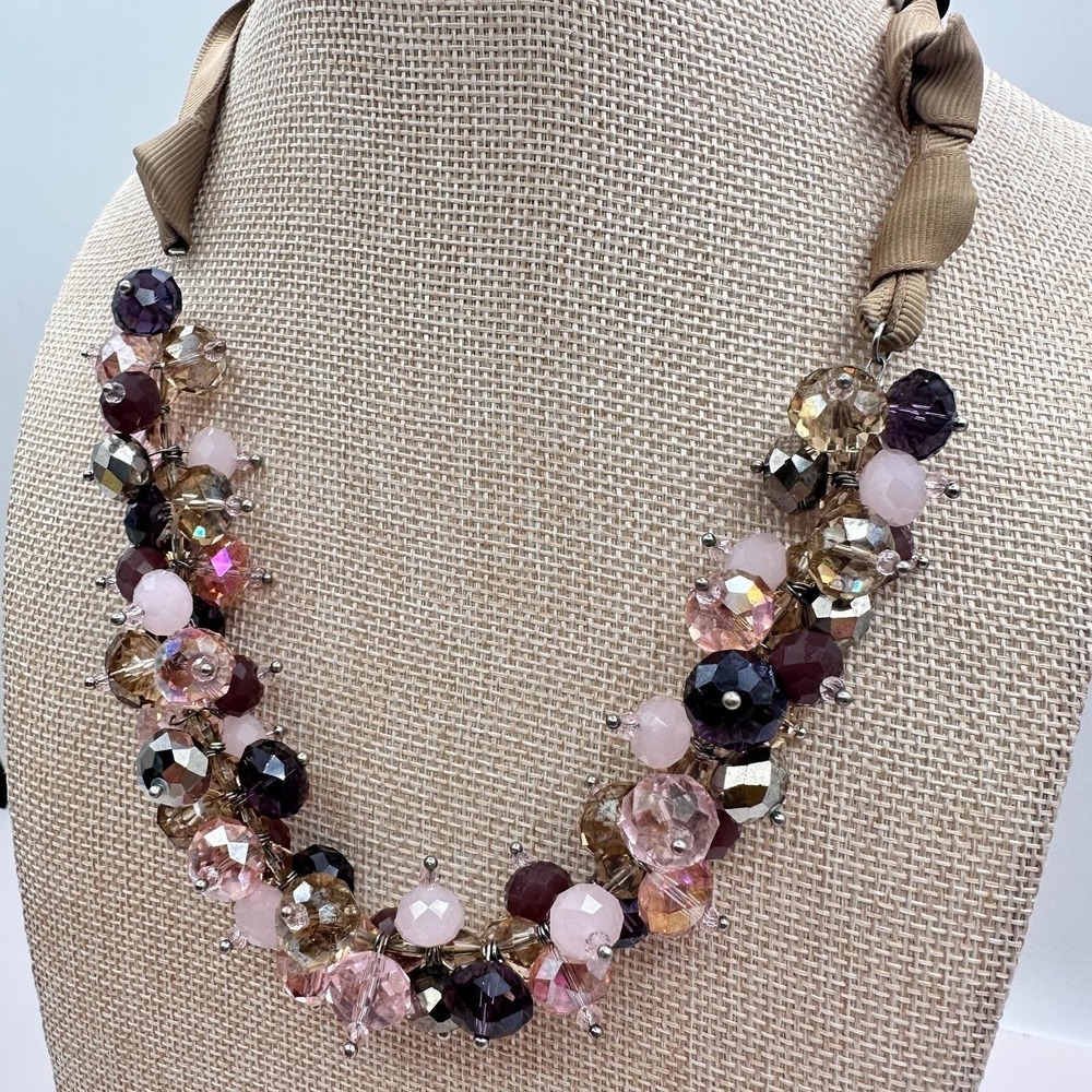 Vintage 90s Ali Khan New York Ribbon Strap Cluster Beaded Necklace Jewelry Boho - Picture 7 of 10